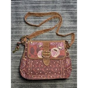 Fossil Floral Print Purse Canvas Crossbody with Suede Trim Mauve Purple